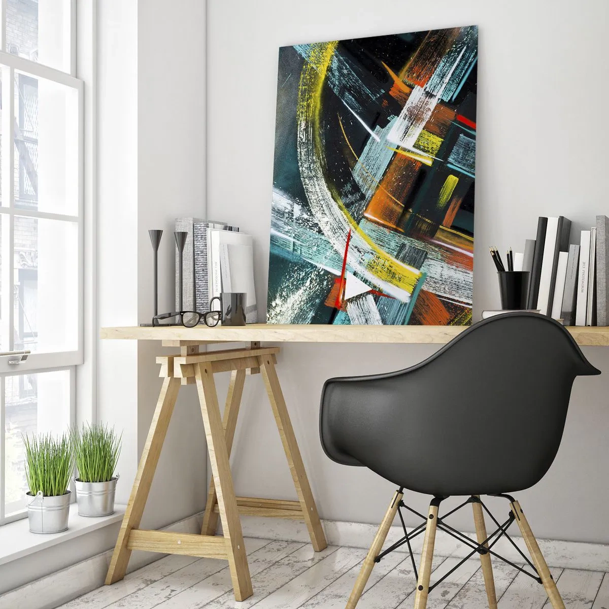 Obraz na szkle - Dynamiczna abstrakcja z kolorowymi pociągnięciami pędzla - 50x70cm - Energia ruchu - Nowoczesna dekoracja ścienna do salonu, kuchni i sypialni ARTTOR