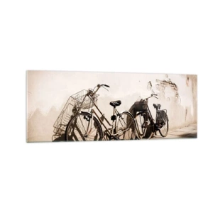 Obraz na szkle - Dwa rowery oparte o starą ścianę w stylu retro - 140x50cm - Niezapomniany urok przeszłości - Nowoczesna dekoracja ścienna do salonu i sypialni ARTTOR