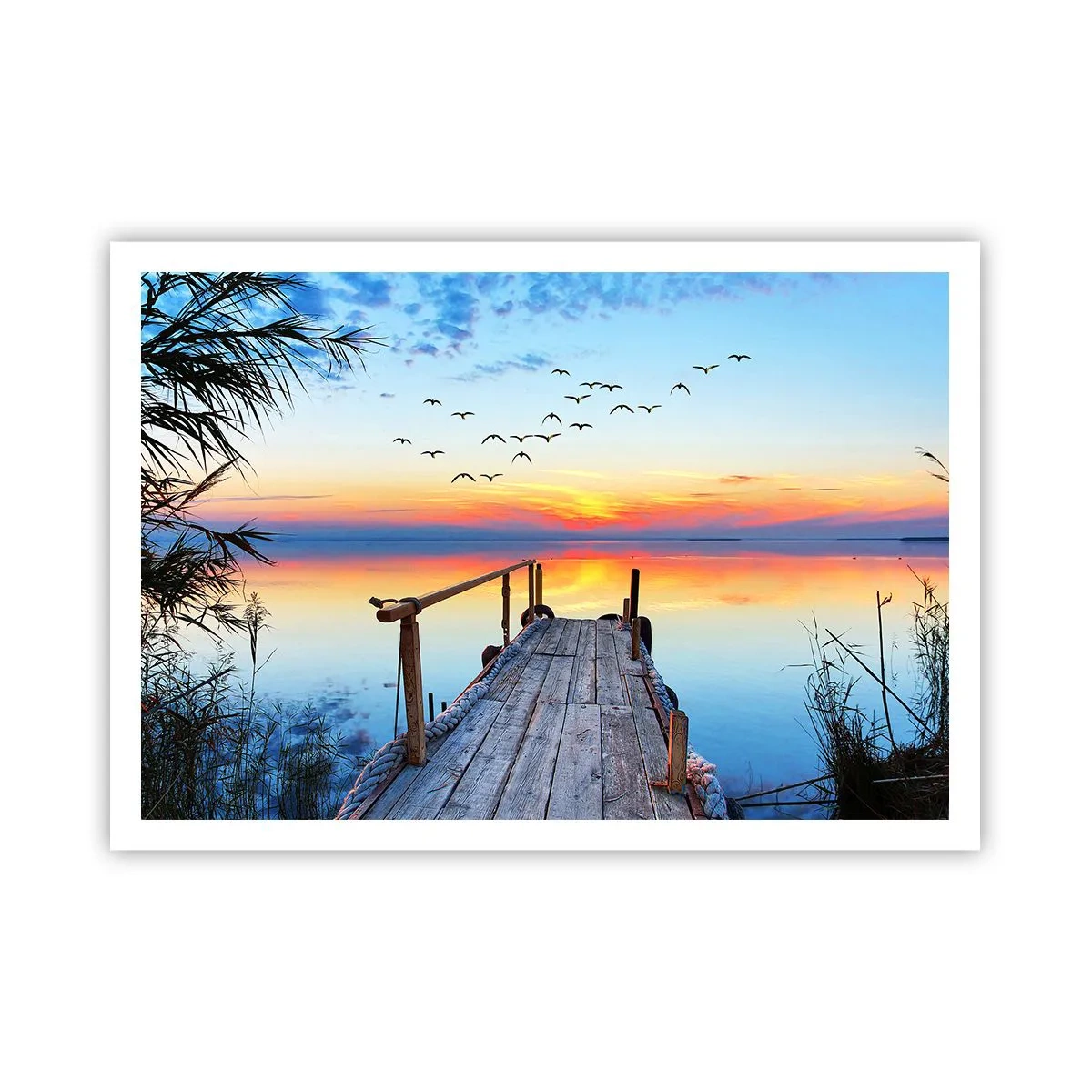Plakat - Drewniany pomost nad jeziorem o zachodzie słońca - 100x70cm - Pora wracać… - Nowoczesna dekoracja ścienna do salonu i sypialni ARTTOR