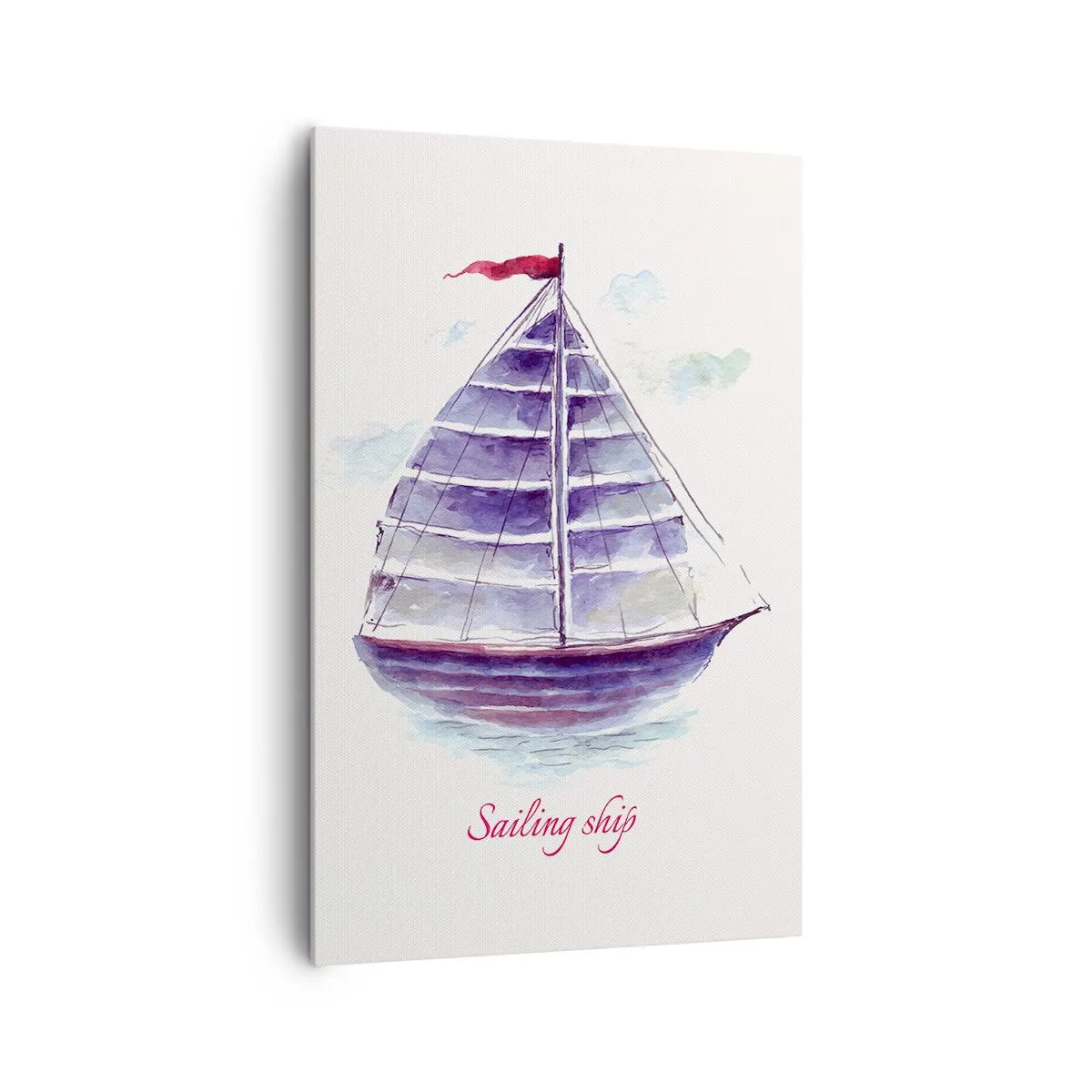 Obraz na płótnie - Akwarelowy obraz żaglówki na wodzie z delikatnym napisem - 80x120cm - Pełnych żagli i spokojnej wody - Nowoczesna dekoracja ścienna do salonu i sypialni ARTTOR