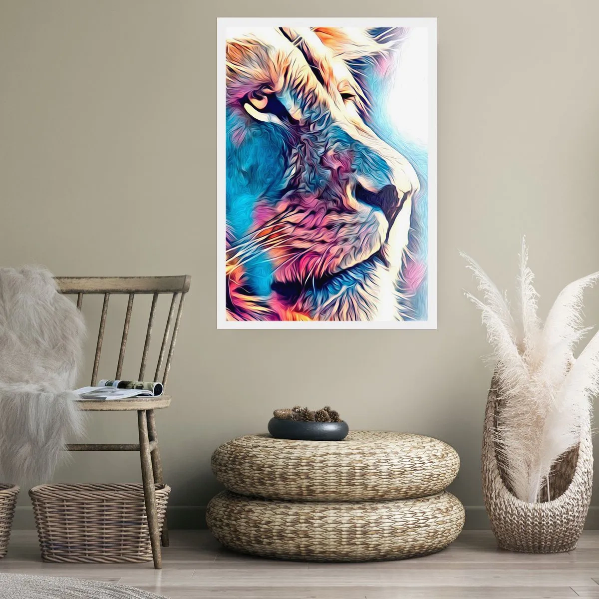 Plakat - Kolorowy portret lwa w artystycznym stylu z intensywnymi barwami - 50x70cm - Mądrość natury - Nowoczesna dekoracja ścienna do salonu, kuchni i sypialni ARTTOR