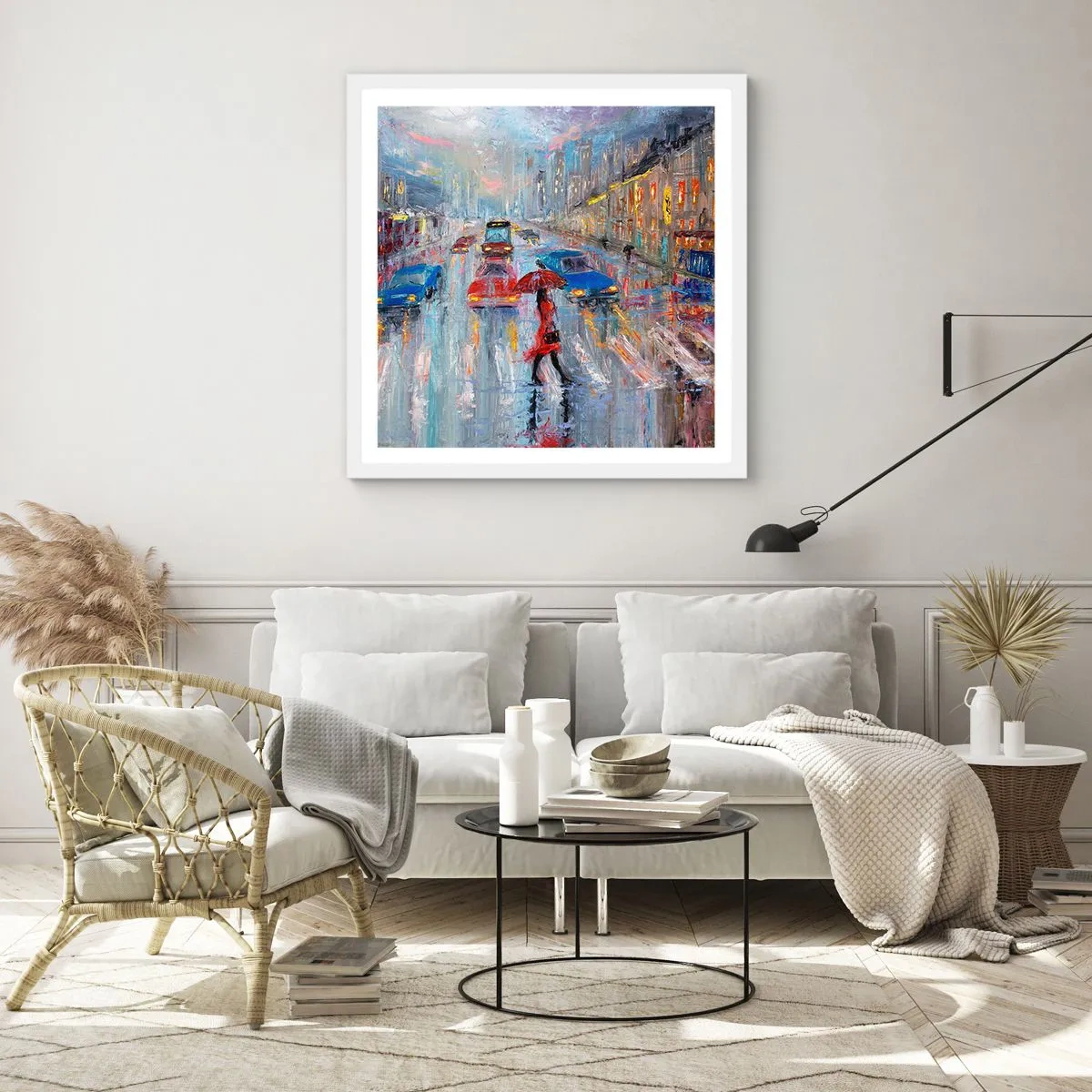 Plakat w białej ramie - Deszczowe popołudnie w mieście - 50x50 cm