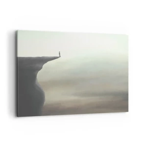 Obraz na płótnie - Sylwetka postaci na krawędzi urwiska w mglistym krajobrazie - 120x80cm - Do góry, oczywiście! - Nowoczesna dekoracja ścienna do salonu, kuchni i sypialni ARTTOR