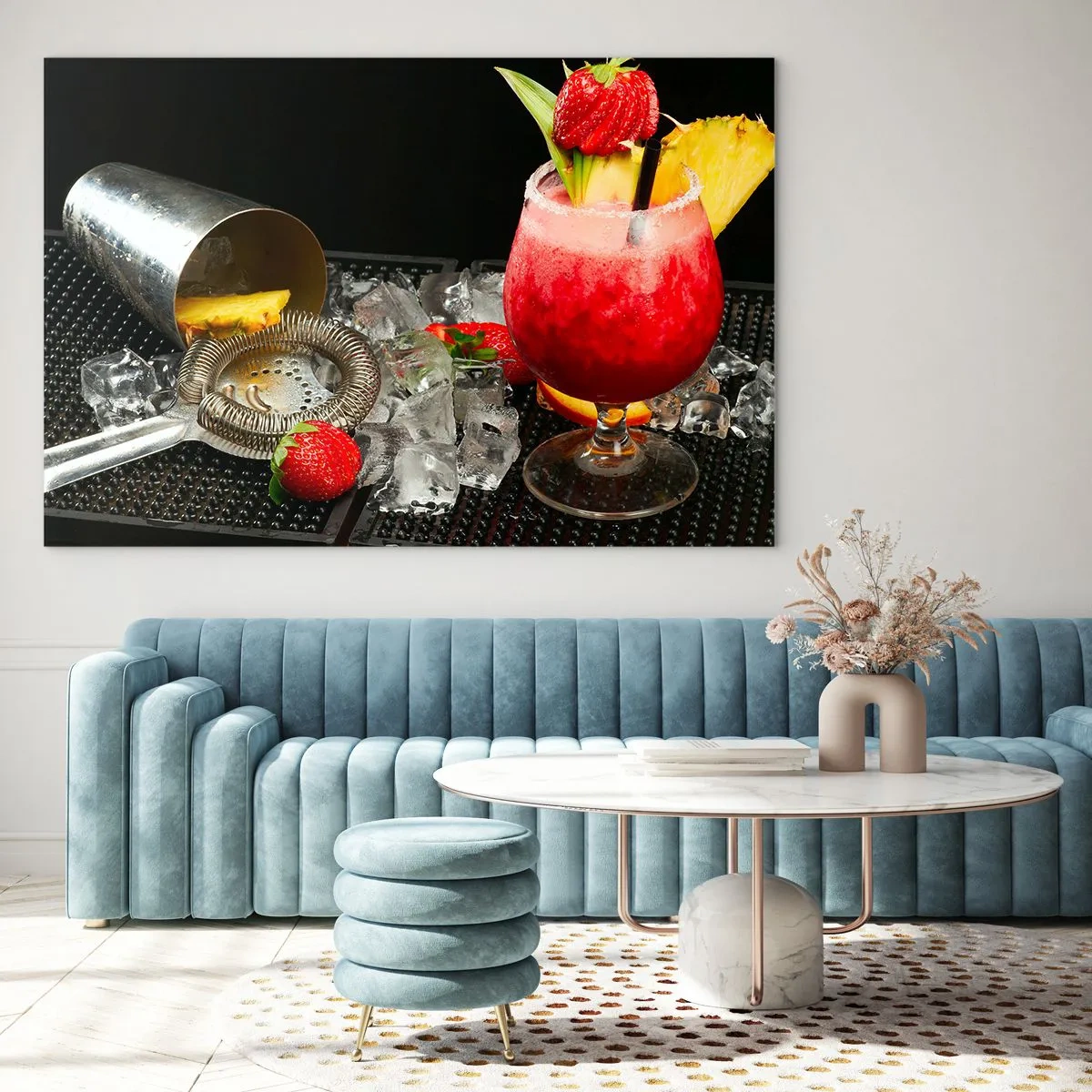 Obraz na szkle - Kolorowy drink z owocami i shakerem na lodzie - 120x80cm - Wyczarować smak - Nowoczesna dekoracja ścienna do salonu, kuchni i sypialni ARTTOR