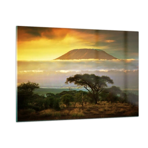 Obraz na szkle - Góra Kilimandżaro otoczona chmurami na tle afrykańskiej sawanny - 120x80cm - Sen podróżnika - Nowoczesna dekoracja ścienna do salonu, kuchni i sypialni ARTTOR