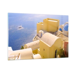 Obraz na szkle - Widok na Santorini z błękitnym morzem i białymi budynkami - 120x80cm - Grecki pejzaż w bieli i błękicie - Nowoczesna dekoracja ścienna do salonu, kuchni i sypialni ARTTOR