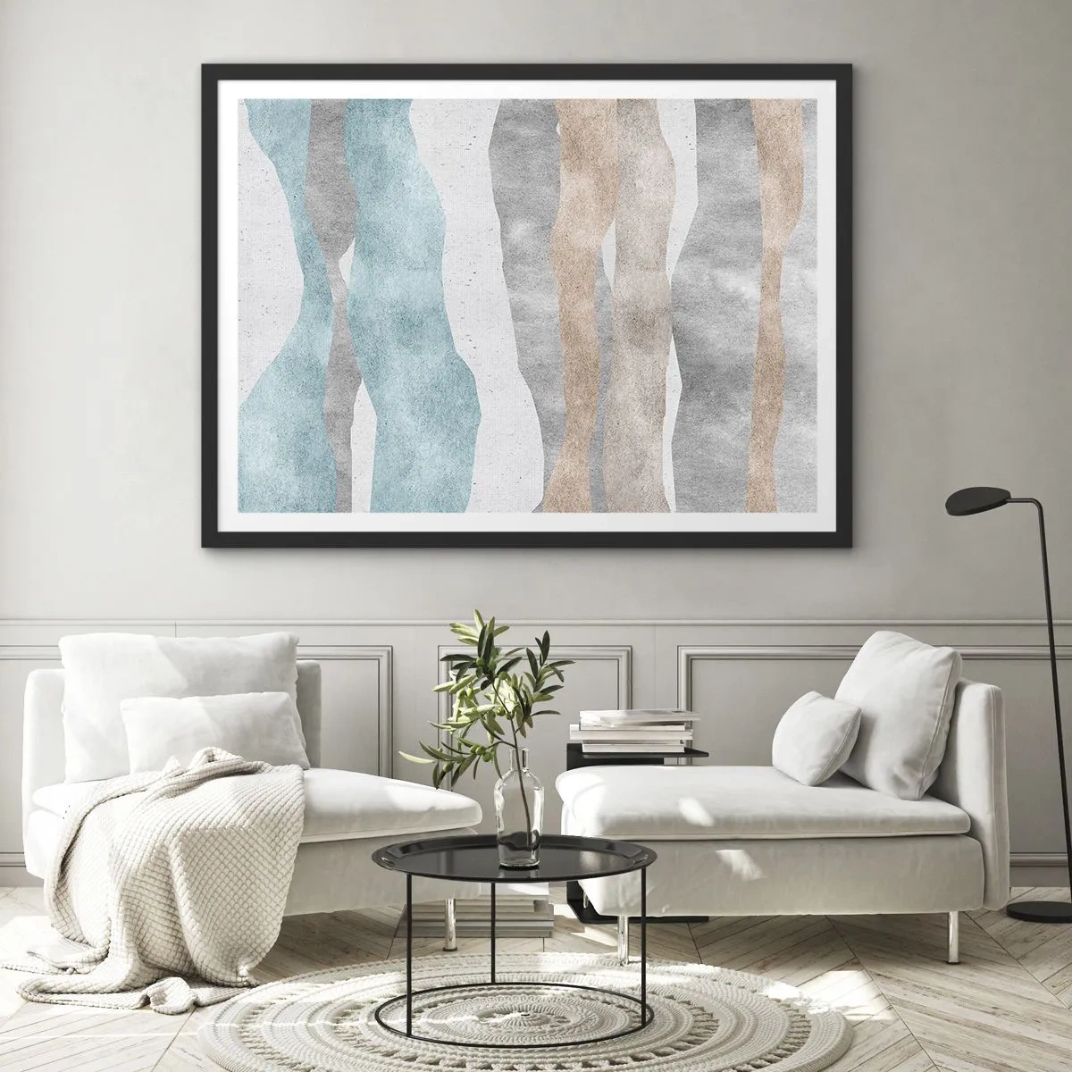 Plakat w czarnej ramie - Abstrakcyjne pasy w pastelowych odcieniach - 100x70cm - Studium bliskości - Nowoczesna dekoracja ścienna do salonu i sypialni ARTTOR