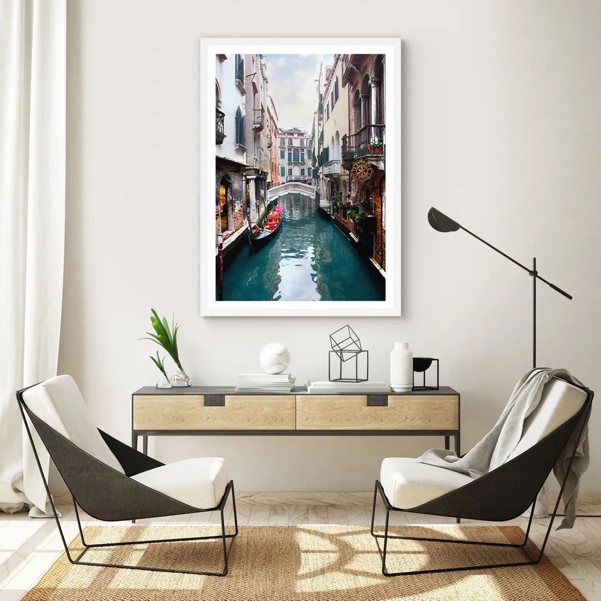 Plakat w białej ramie - Pejzaż wenecki z gondolą i mostkiem - 50x70 cm