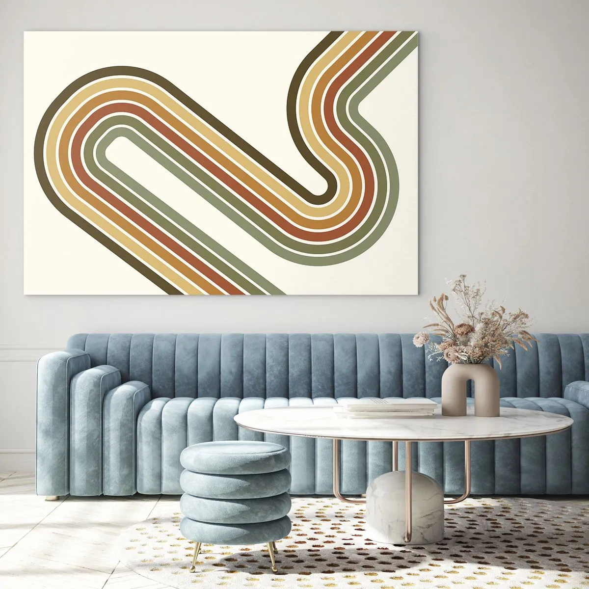 Obraz na szkle - Geometryczna abstrakcja w stylu retro z falistymi liniami - 70x50cm - Zygzakiem do celu - Nowoczesna dekoracja ścienna do salonu i sypialni ARTTOR