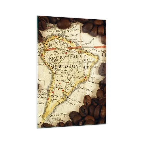 Obraz na szkle - Mapa Ameryki Południowej otoczona ziarnami kawy - 70x100cm - Skąd pochodzi najlepsza kawa? - Nowoczesna dekoracja ścienna do salonu i sypialni ARTTOR