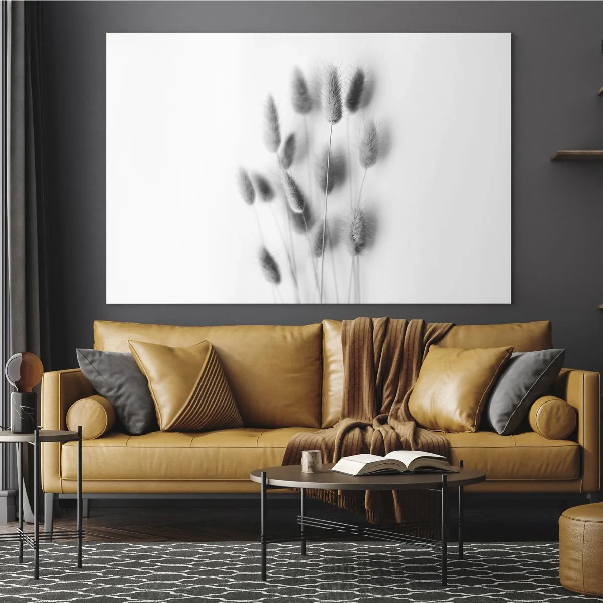 Obraz na szkle - Czarno-białe kłosy trawy na jasnym tle w stylu minimalistycznym - 70x50cm - Jej puszystość trawa - Nowoczesna dekoracja ścienna do salonu i sypialni ARTTOR