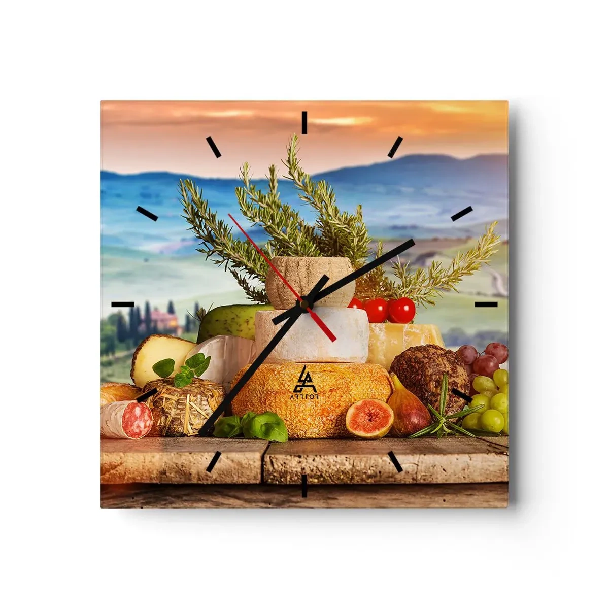 Zegar ścienny - Kompozycja serów i owoców na tle toskańskiego krajobrazu - 30x30cm - Włoska radość życia - Nowoczesna dekoracja ścienna do salonu i sypialni ARTTOR