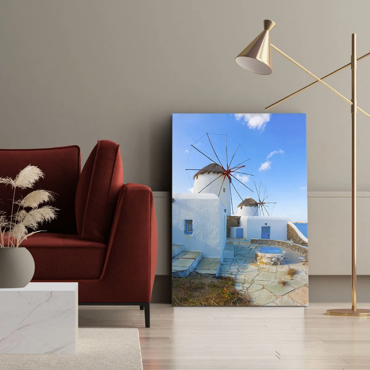 Obraz na płótnie - Wiatraki na tle niebieskiego nieba - 50x70cm - Błękitny wiatr od morza - Nowoczesna dekoracja ścienna do salonu, kuchni i sypialni ARTTOR
