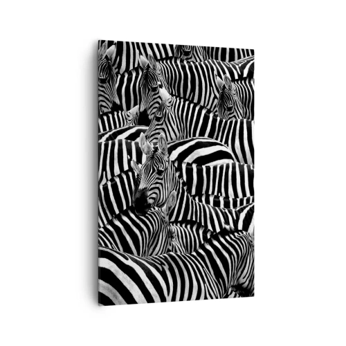 Obraz na płótnie - Grupa zebr z czarno-białymi paskami tworząca wzór symetrii. - 80x120cm - Portret zbiorowy w paski - Nowoczesna dekoracja ścienna do salonu i sypialni ARTTOR