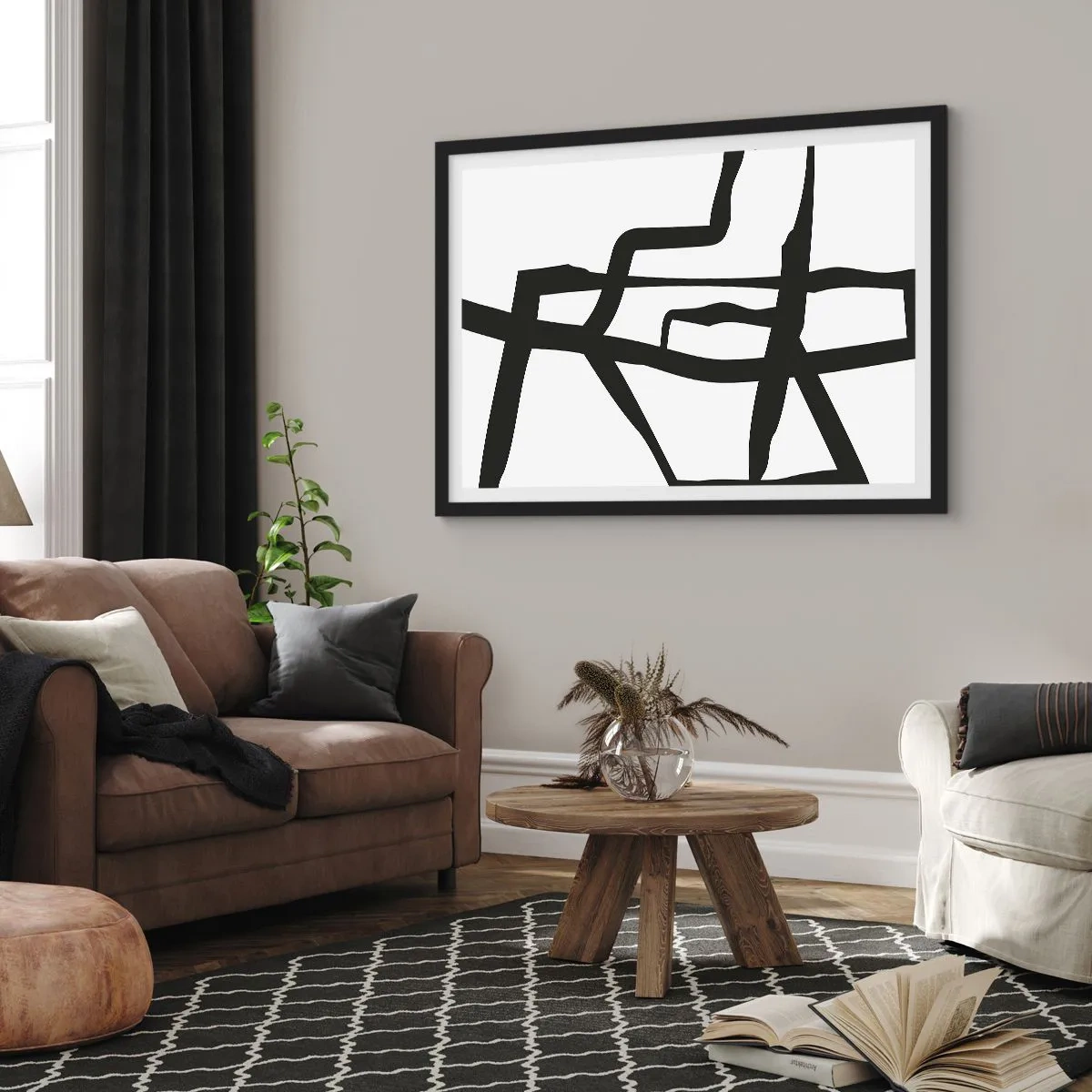Plakat w czarnej ramie - Minimalistyczny czarno-biały wzór z geometrycznymi liniami - 70x50cm - Czarno-biała konstrukcja - Nowoczesna dekoracja ścienna do salonu i sypialni ARTTOR
