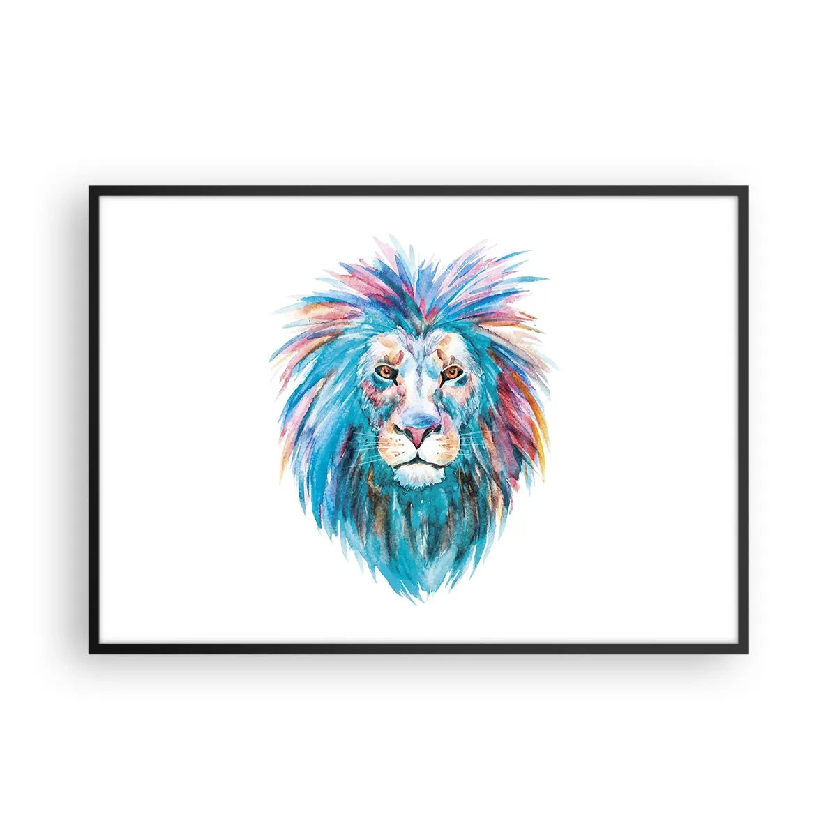 Plakat w czarnej ramie - Akwarelowy portret lwa w żywych kolorach - 100x70cm - Elektryzująca aura - Nowoczesna dekoracja ścienna do salonu i sypialni ARTTOR