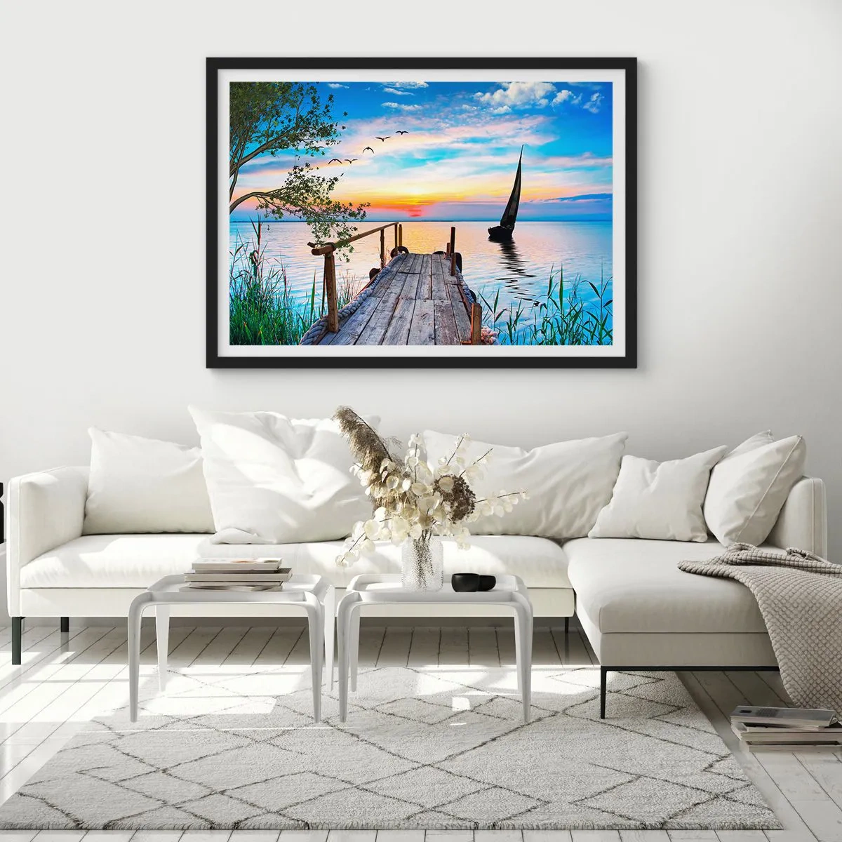 Plakat w czarnej ramie - Molo nad jeziorem z łodzią i zachodem słońca - 70x50cm - Dobry wieczór - Nowoczesna dekoracja ścienna do salonu i sypialni ARTTOR