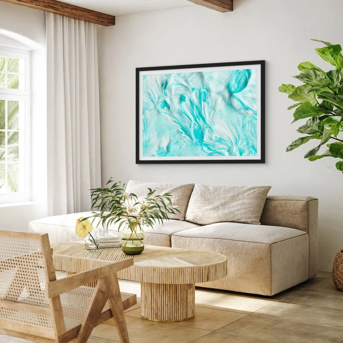 Plakat w czarnej ramie - Abstrakcyjny motyw w pastelowych odcieniach błękitu i bieli - 70x50cm - Na zawsze razem - Nowoczesna dekoracja ścienna do salonu i sypialni ARTTOR