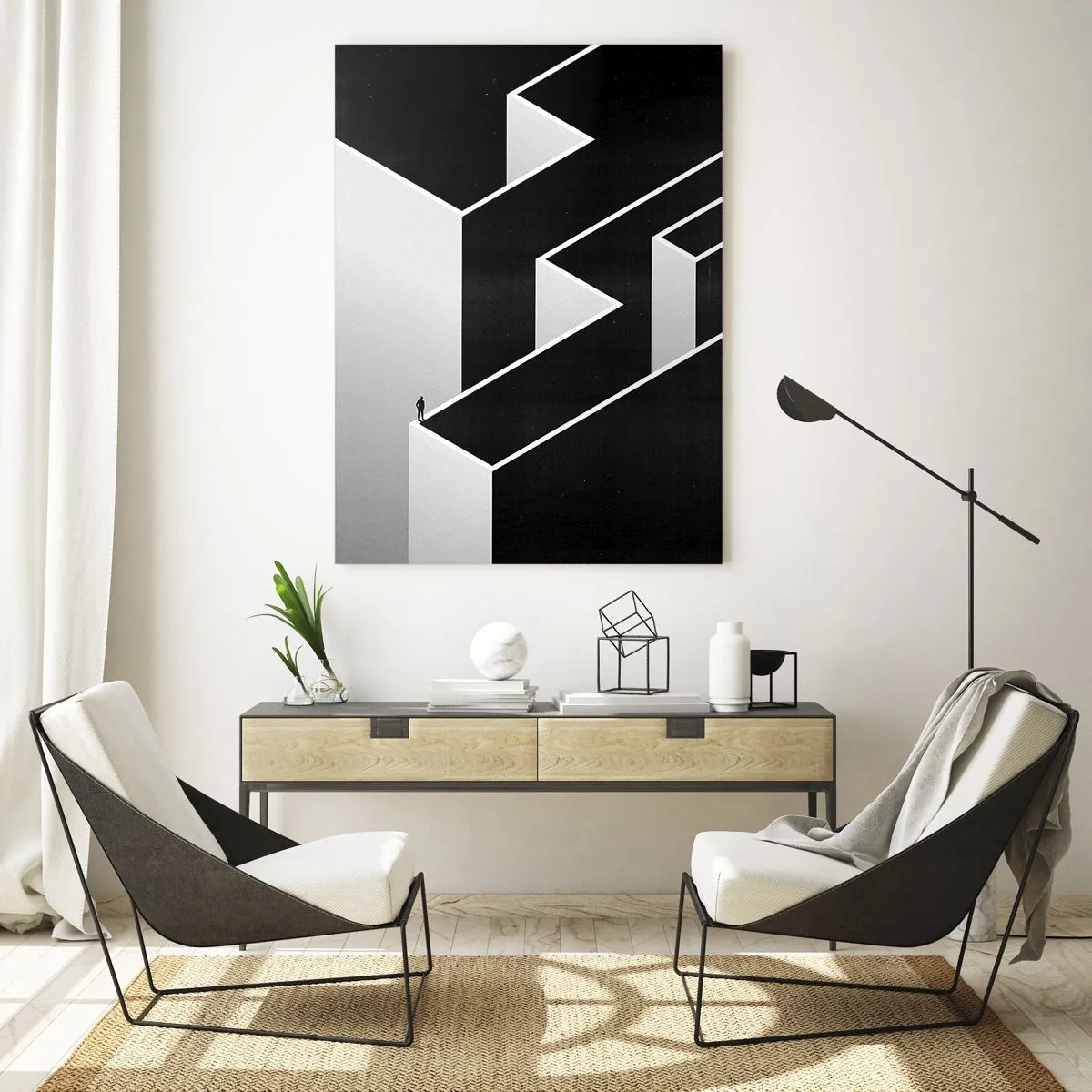 Obraz na szkle - Czarna i biała abstrakcyjna przestrzeń z samotną postacią na krawędzi - 80x120cm - Samotność na szczycie - Nowoczesna dekoracja ścienna do salonu i sypialni ARTTOR