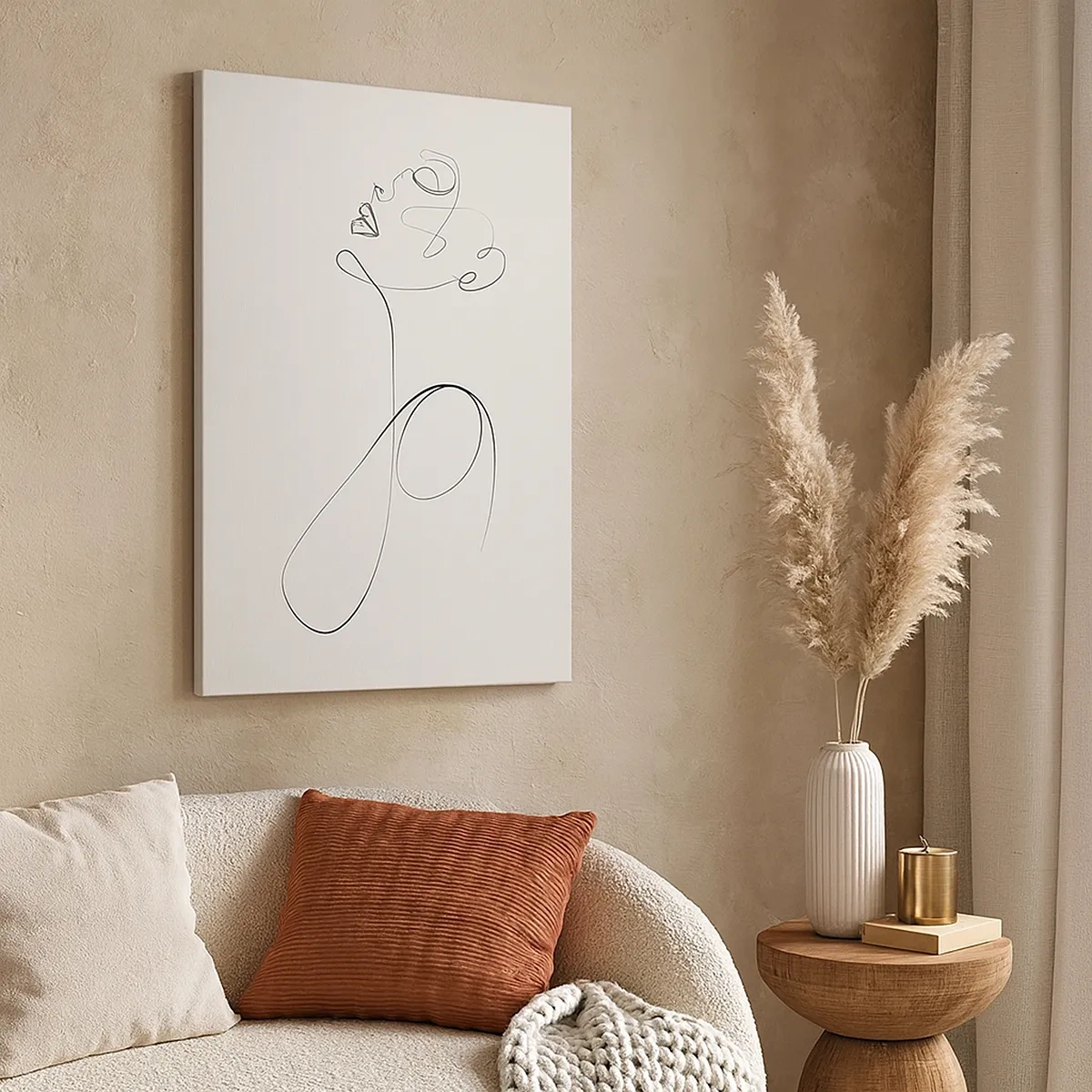 Obraz na płótnie - Minimalistyczny line art przedstawiający profil kobiety na jasnym tle - 50x70cm - Zapętlona w marzeniach - Nowoczesna dekoracja ścienna do salonu, kuchni i sypialni ARTTOR