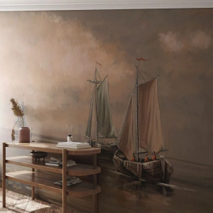 Fototapeta Premium Sand - Tradycyjne żaglowce na spokojnym morzu - 100x70cm - Powrót żeglarzy - Nowoczesna dekoracja ścienna do salonu, kuchni i sypialni ARTTOR
