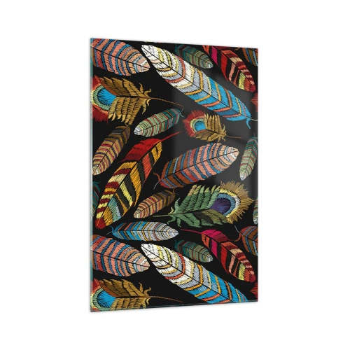 Obraz na szkle - Kolorowe pióra na czarnym tle - 70x100cm - Ptasi karnawał - Nowoczesna dekoracja ścienna do salonu i sypialni ARTTOR