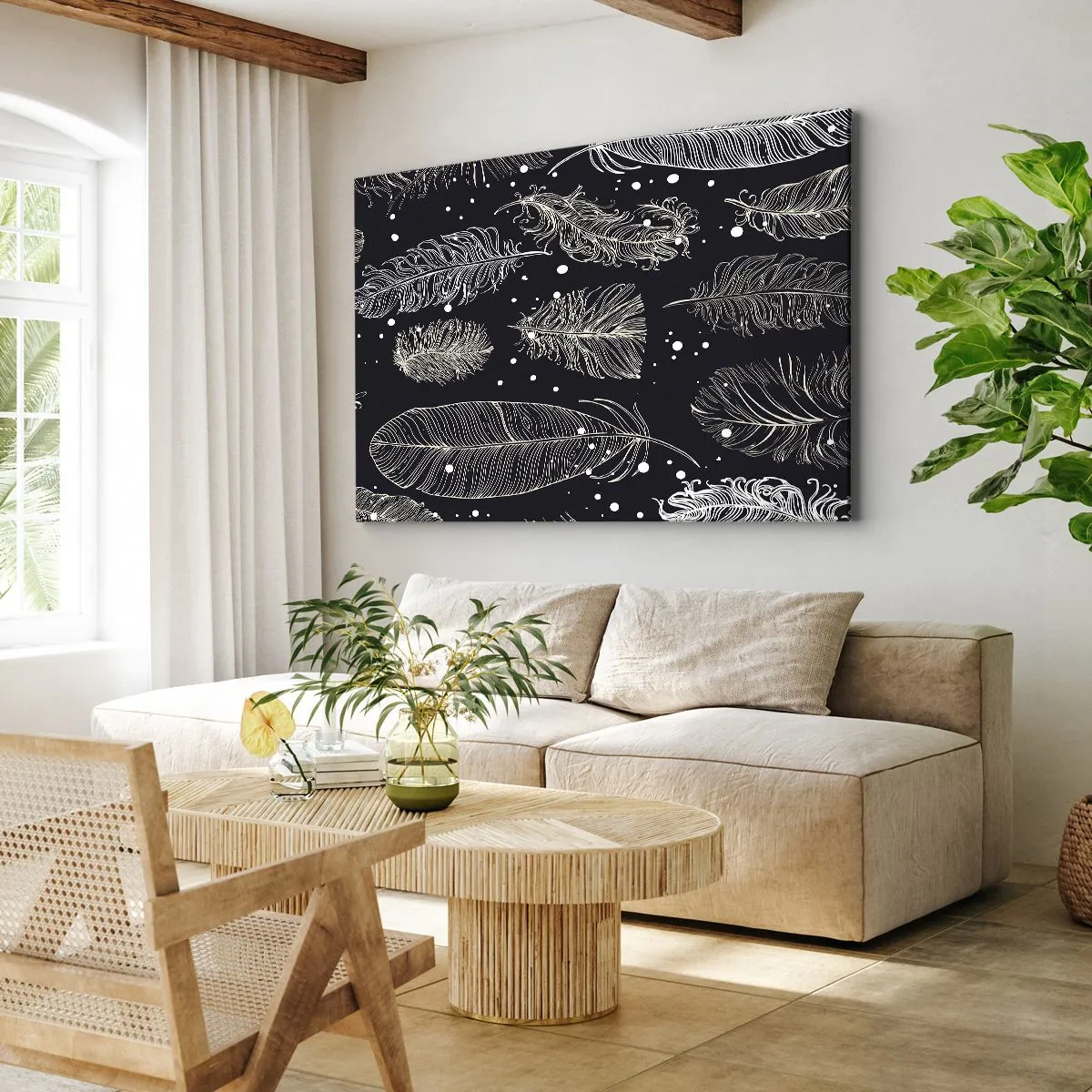 Obraz na płótnie - Delikatne białe pióra na granatowym tle - 70x50cm - Pierzasta koronka - Nowoczesna dekoracja ścienna do salonu i sypialni ARTTOR