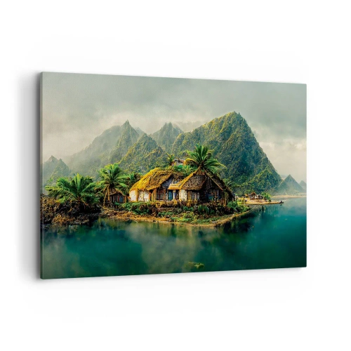 Obraz na płótnie - Tropikalna wyspa z palmami i górami w tle - 120x80cm - Tropikalny raj - Nowoczesna dekoracja ścienna do salonu, kuchni i sypialni ARTTOR