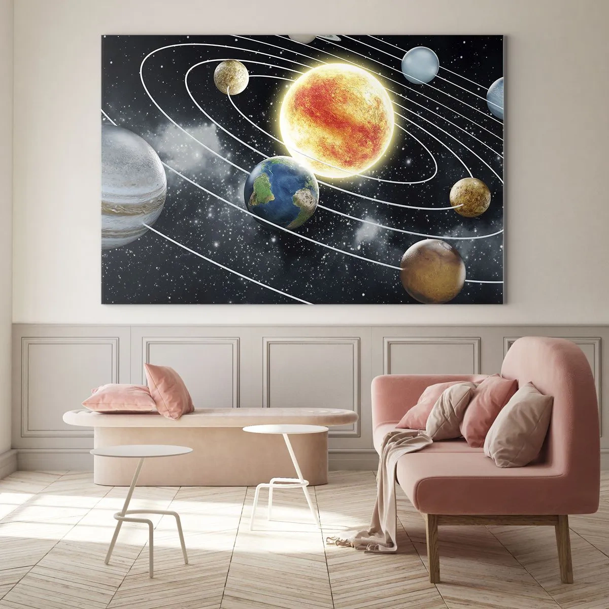 Obraz na szkle - Układ słoneczny z planetami i orbitami na tle kosmosu - 100x70cm - Kosmiczny taniec - Nowoczesna dekoracja ścienna do salonu, kuchni i sypialni ARTTOR