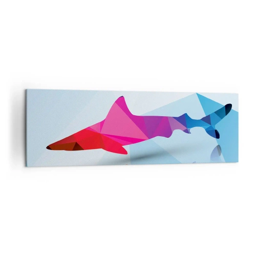 Obraz na płótnie - Geometryczna sylwetka rekina w odcieniach różu i niebieskiego - 160x50cm - Rekin w krystalicznej przestrzeni - Nowoczesna dekoracja ścienna do salonu i sypialni ARTTOR