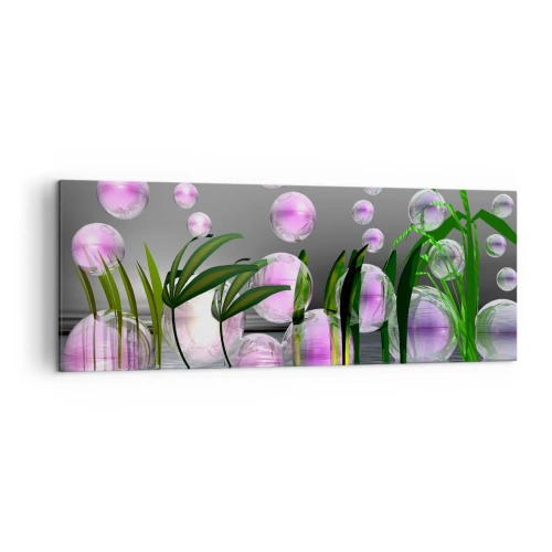 Obraz na płótnie - Zielone liście i różowe bańki nad wodą na tle szarym - 140x50cm - Refleksyjna kompozycja lekkości i życia - Nowoczesna dekoracja ścienna do salonu i sypialni ARTTOR