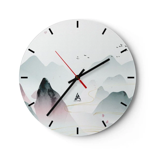 Zegar ścienny - Minimalistyczny krajobraz górski w pastelowych odcieniach z lecącymi ptakami - 30x30cm - Ponad szczytami - Nowoczesna dekoracja ścienna do salonu, kuchni i sypialni ARTTOR