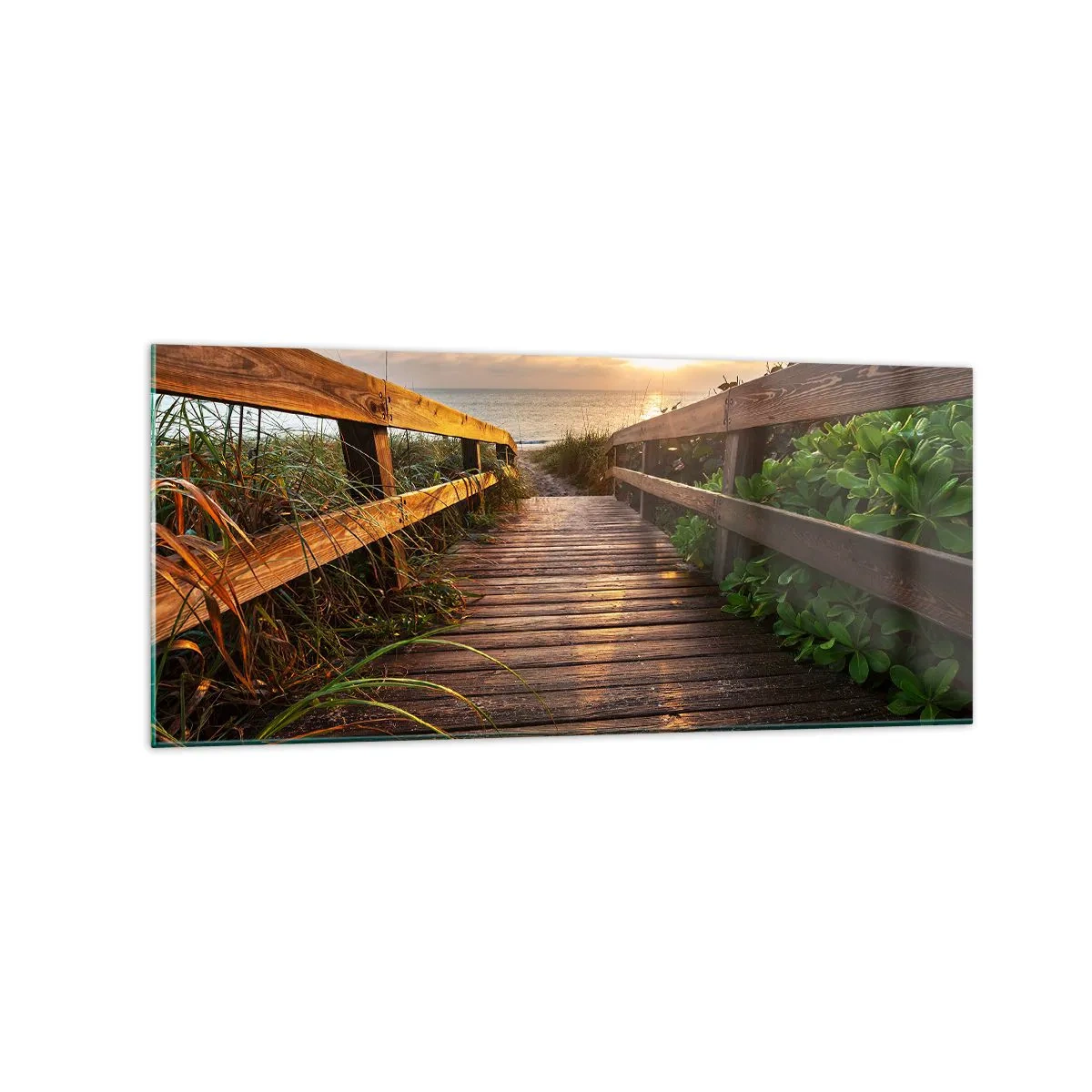 Obraz na szkle - Drewniany pomost prowadzący na plażę o zachodzie słońca - 120x50cm - I wprost nad brzeg - Nowoczesna dekoracja ścienna do salonu i sypialni ARTTOR