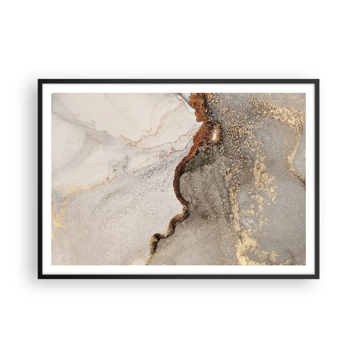 Plakat w czarnej ramie - Abstrakcyjny motyw z odcieniami złota i szarości - 100x70cm - Na granicy barw - Nowoczesna dekoracja ścienna do salonu i sypialni ARTTOR