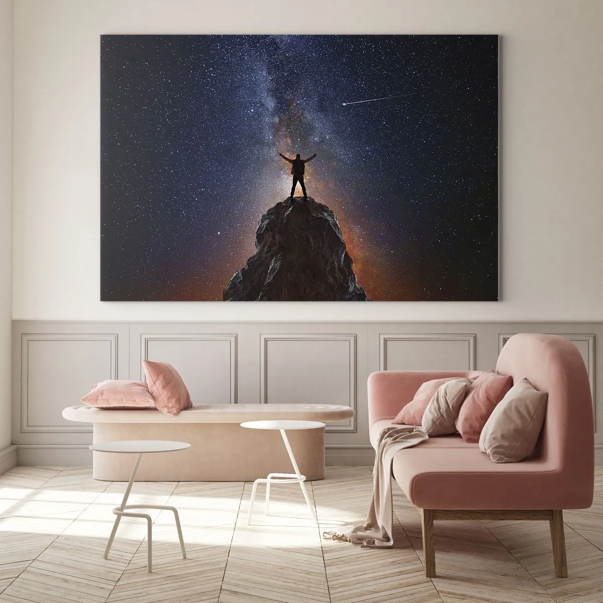 Obraz na szkle - Sylwetka człowieka na szczycie skały pod rozgwieżdżonym niebem - 70x50cm - Moc jest ze mną! - Nowoczesna dekoracja ścienna do salonu i sypialni ARTTOR