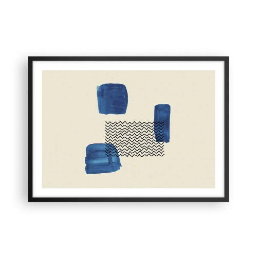 Plakat w czarnej ramie - Abstrakcyjna kompozycja z niebieskimi plamami i falistymi liniami - 70x50cm - Abstrakcyjny kwartet - Nowoczesna dekoracja ścienna do salonu i sypialni ARTTOR