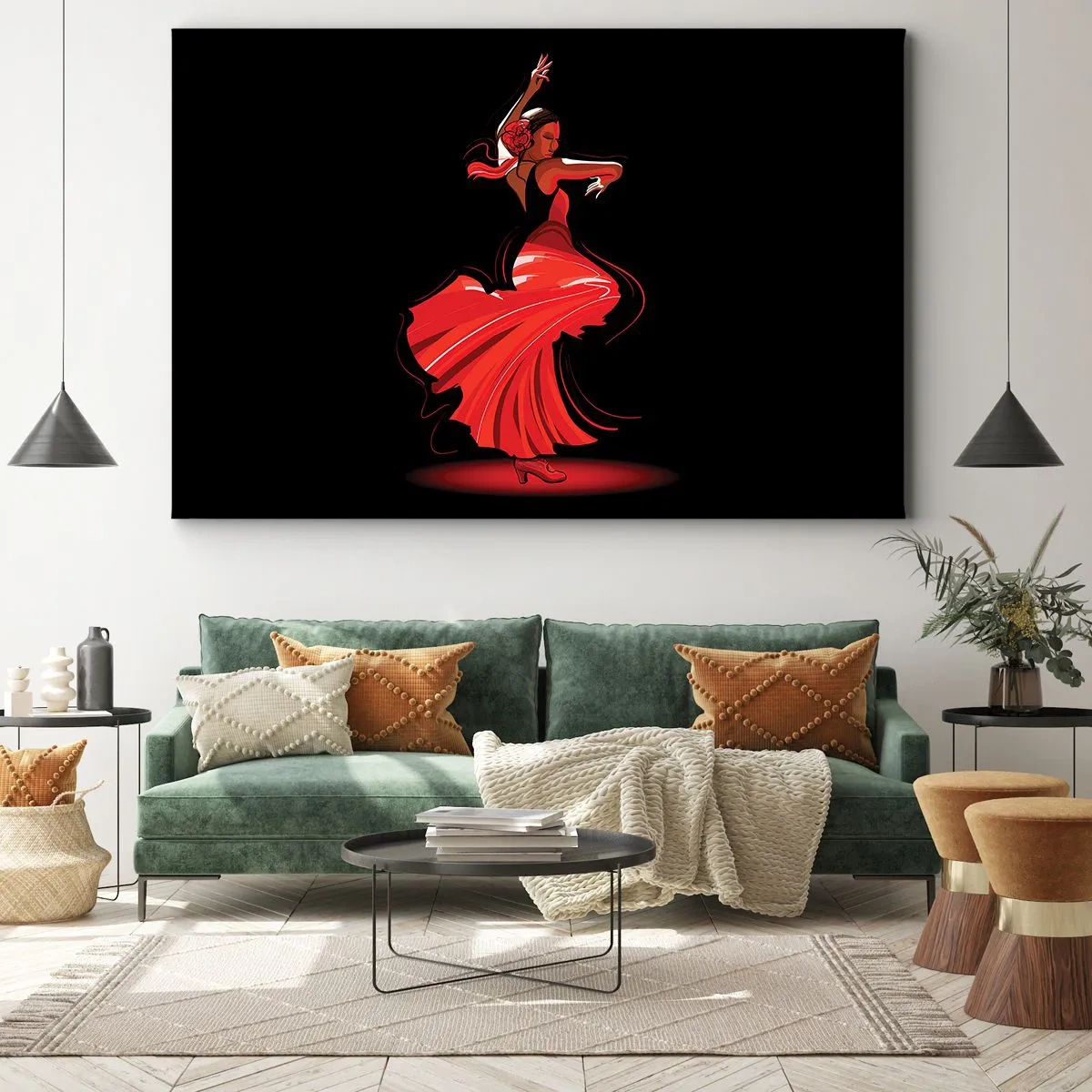 Obraz na płótnie - Tancerka flamenco w czerwonej sukni na czarnym tle - 70x50cm - Ognisty duch flamenco - Nowoczesna dekoracja ścienna do salonu i sypialni ARTTOR