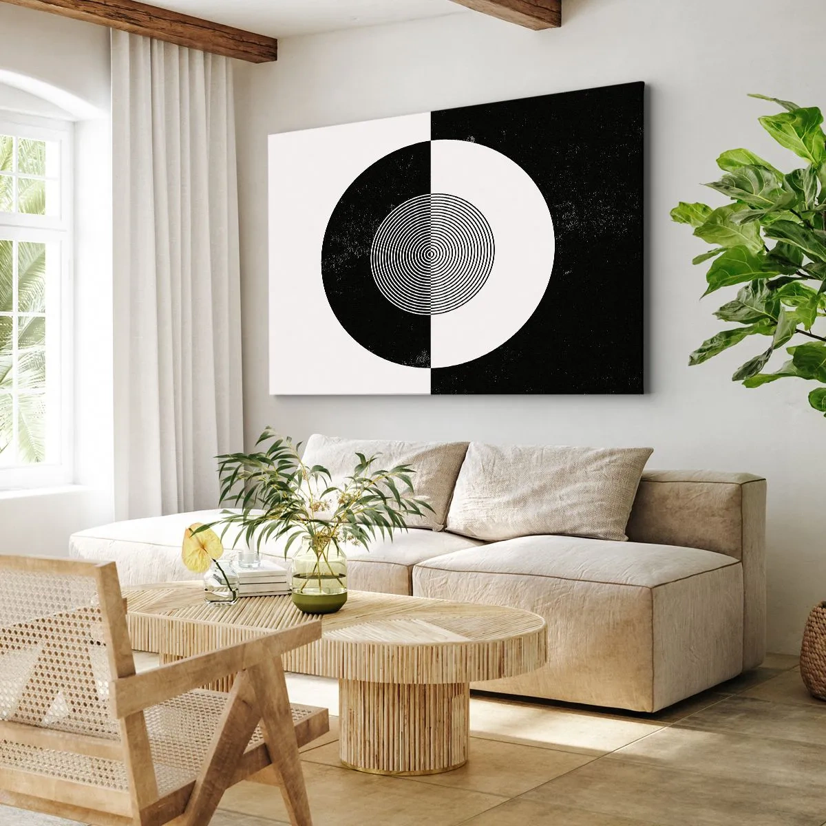 Obraz na płótnie - Graficzny wzór w kontrastujących czerni i bieli - 70x50cm - Harmonia w czerni i bieli - Nowoczesna dekoracja ścienna do salonu i sypialni ARTTOR