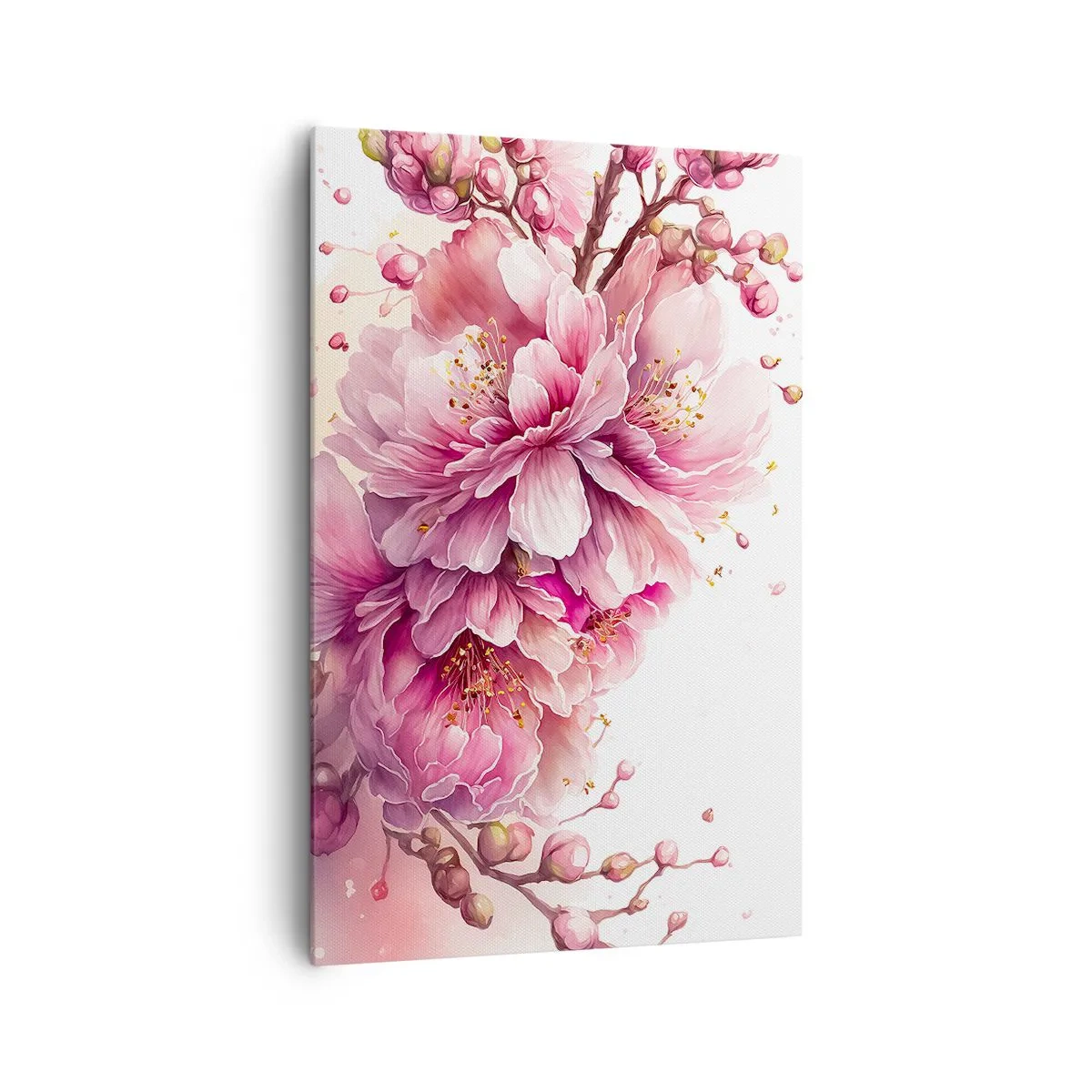 Obraz na płótnie - Delikatne kwiaty wiśni w pełnym rozkwicie na jasnym tle - 80x120cm - Kwiat kwitnącej wiśni - Nowoczesna dekoracja ścienna do salonu i sypialni ARTTOR