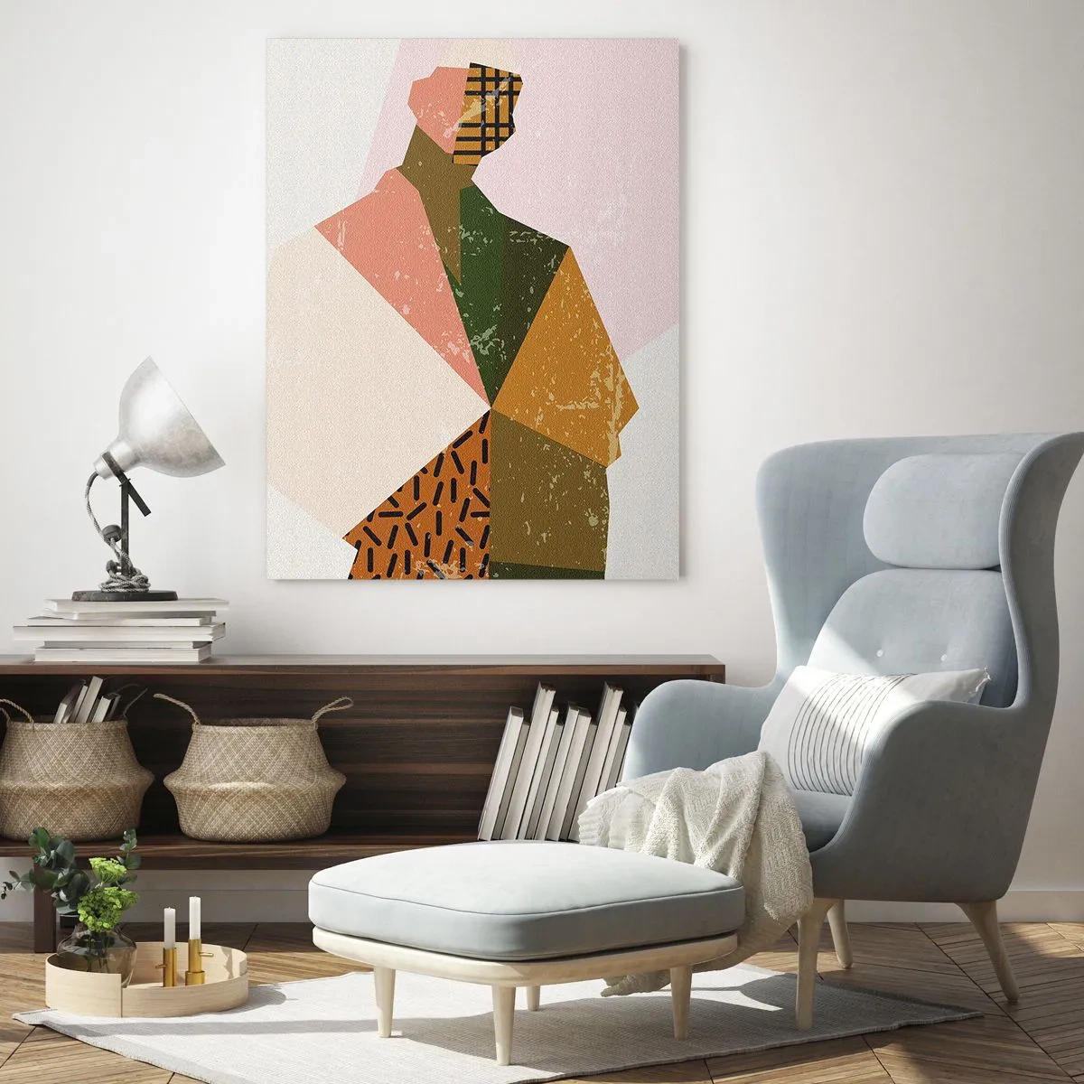 Obraz na szkle - Abstrakcyjna postać ludzka złożona z geometrycznych kształtów i wzorów - 70x100cm - Człowiek – istota złożona - Nowoczesna dekoracja ścienna do salonu i sypialni ARTTOR
