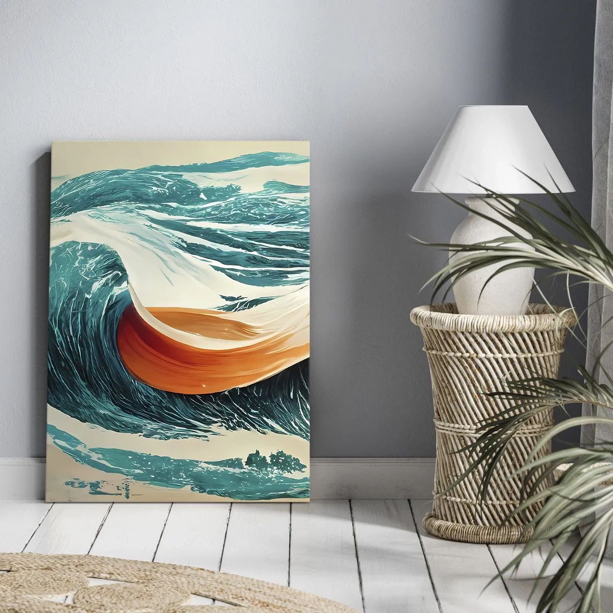 Obraz na płótnie - Dynamiczna abstrakcja z falami oceanu i wstęgą w odcieniach pomarańczu - 50x70cm - Sen surfera - Nowoczesna dekoracja ścienna do salonu, kuchni i sypialni ARTTOR