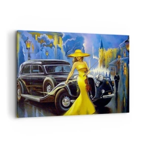 Obraz na płótnie - Kobieta w żółtej sukni z skrzypcami przy retro samochodzie - 100x70cm - Nokturn na skrzypce i miłość - Nowoczesna dekoracja ścienna do salonu, kuchni i sypialni ARTTOR