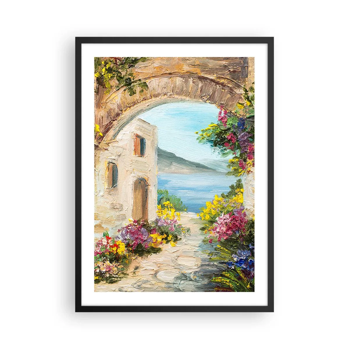 Plakat w czarnej ramie - Kamienny łuk z widokiem na morze - 50x70cm - Urok nadmorskiej prowincji - Nowoczesna dekoracja ścienna do salonu i sypialni ARTTOR