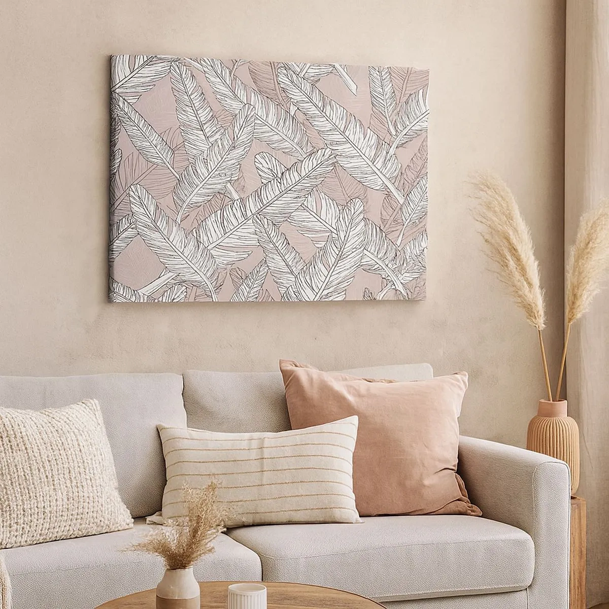 Obraz na płótnie - Czarno-biały wzór z liśćmi bananowca na jasnym tle - 70x50cm - Pierzasta zawierucha - Nowoczesna dekoracja ścienna do salonu i sypialni ARTTOR