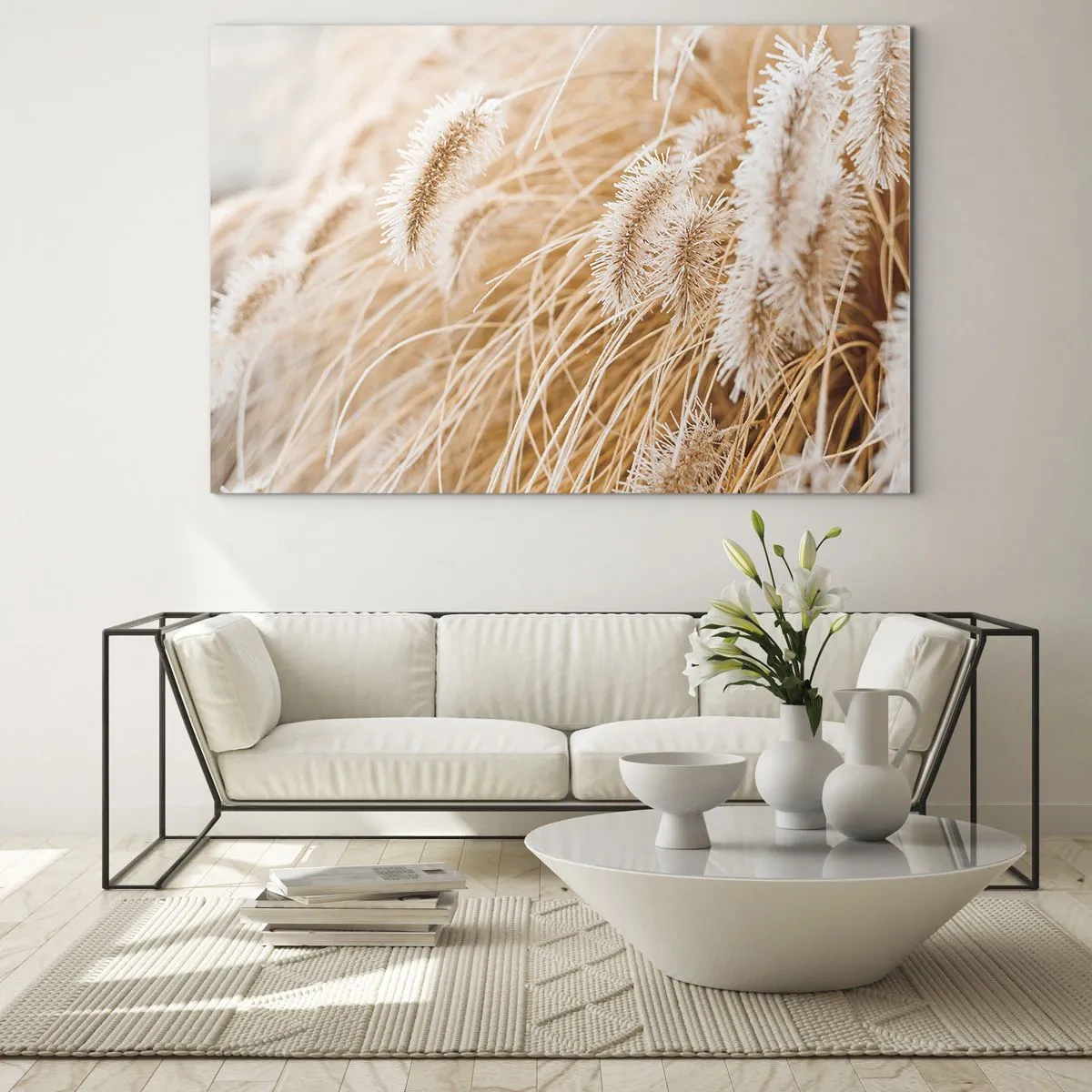 Obraz na szkle - Zbliżenie na puszyste kłosy traw w złotym świetle - 70x50cm - Złoty szelest traw - Nowoczesna dekoracja ścienna do salonu i sypialni ARTTOR