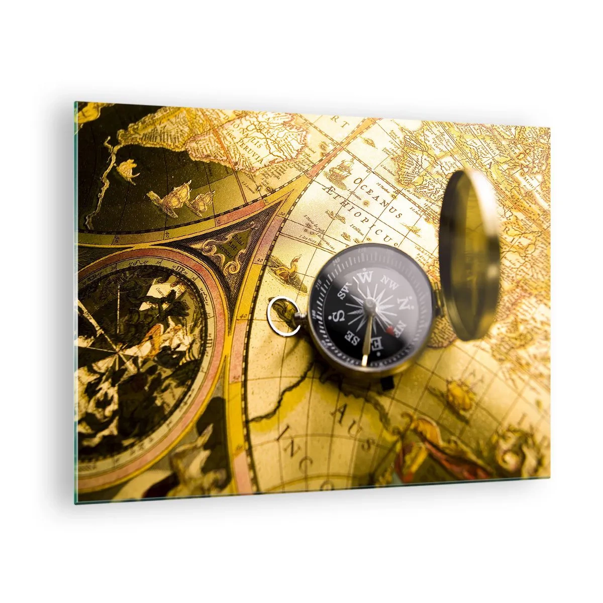 Obraz na szkle - Złota mapa z kompasem jako akcentem przygodowym - 70x50cm - A może na kraniec świata? - Nowoczesna dekoracja ścienna do salonu i sypialni ARTTOR