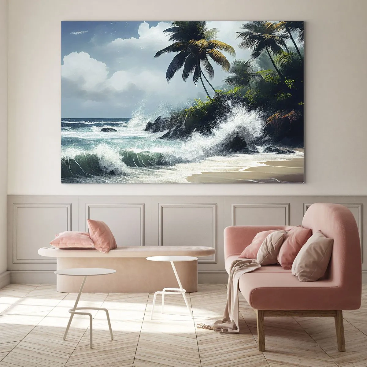 Obraz na szkle - Fale uderzające o skały przy palmach na tropikalnej plaży - 70x50cm - Na tropikalnym brzegu - Nowoczesna dekoracja ścienna do salonu i sypialni ARTTOR