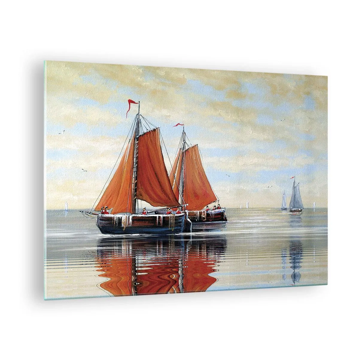 Obraz na szkle - Żaglowce na spokojnym morzu o zachodzie słońca - 70x50cm - Hej, żeglujże, żeglarzu… - Nowoczesna dekoracja ścienna do salonu i sypialni ARTTOR