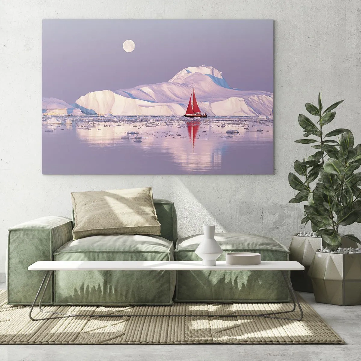 Obraz na szkle - Żaglówka na tle lodowców w świetle księżyca - 70x50cm - Żar żagla, chłód lodu - Nowoczesna dekoracja ścienna do salonu i sypialni ARTTOR