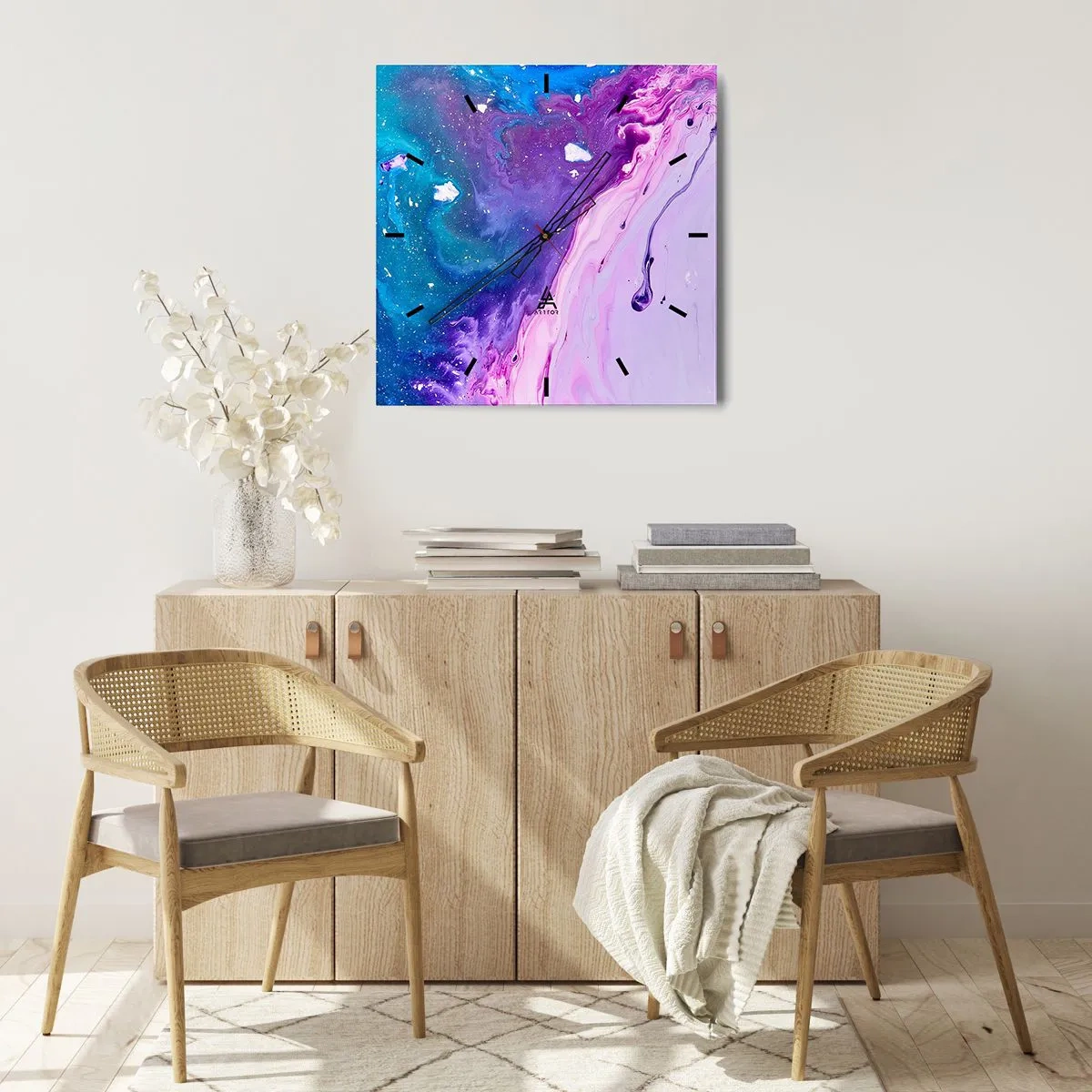 Zegar ścienny - Abstrakcja w kolorach fioletu i turkusu inspirowana kontrastami - 30x30cm - Yin i yang - Nowoczesna dekoracja ścienna do salonu i sypialni ARTTOR